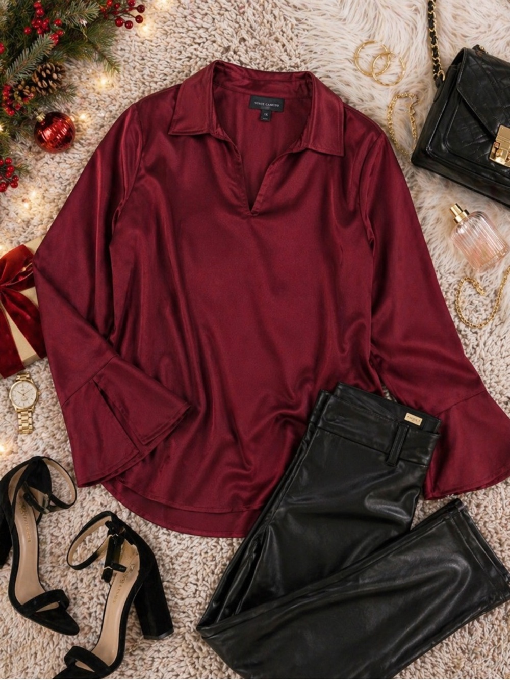 Vince Camuto Plus Size Ruby Satin Collared V Neck Blouse 1X NWT Flare Cuff